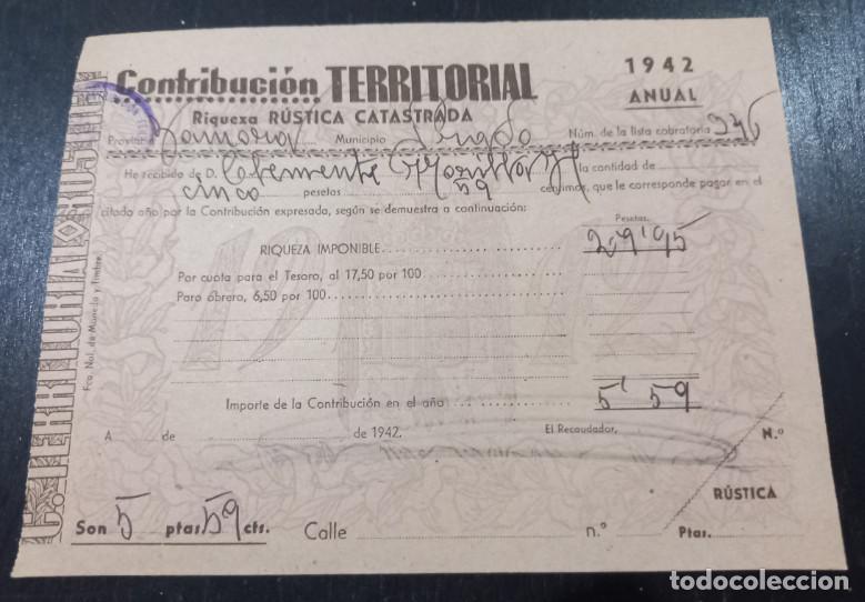 Facturas antiguas: HACIENDA PUBLICA, CONTRIBUCION TERRITORIAL, PUEBLO DE ZAMORA, 1942