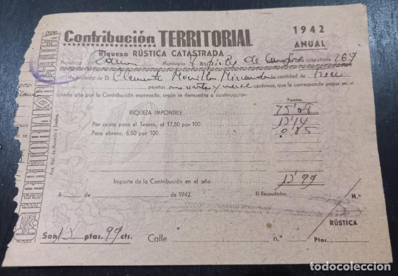 Facturas antiguas: HACIENDA PUBLICA, CONTRIBUCION TERRITORIAL, TAPIOLES, ZAMORA, 1942