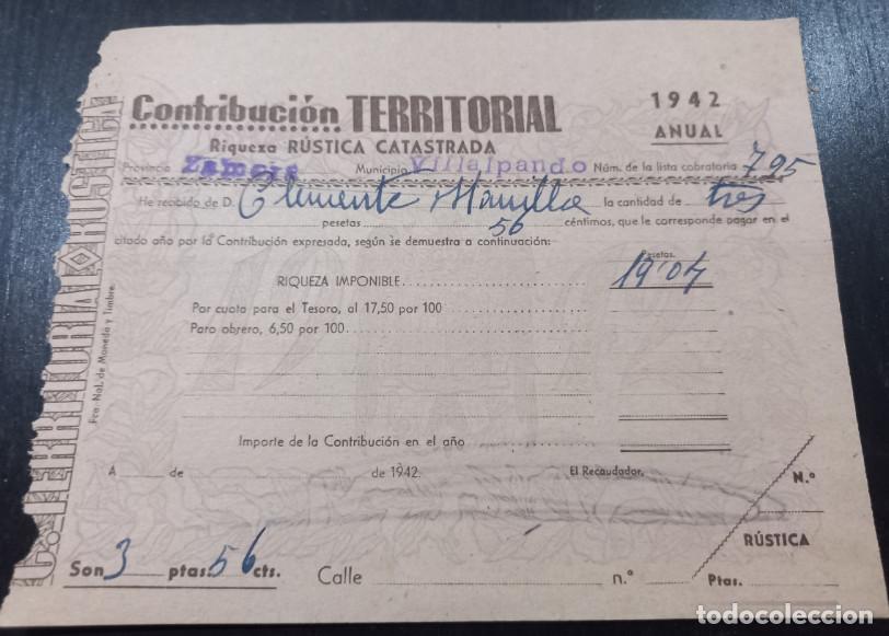 Facturas antiguas: HACIENDA PUBLICA, CONTRIBUCION TERRITORIAL, VILLALPANDO, ZAMORA, 1942