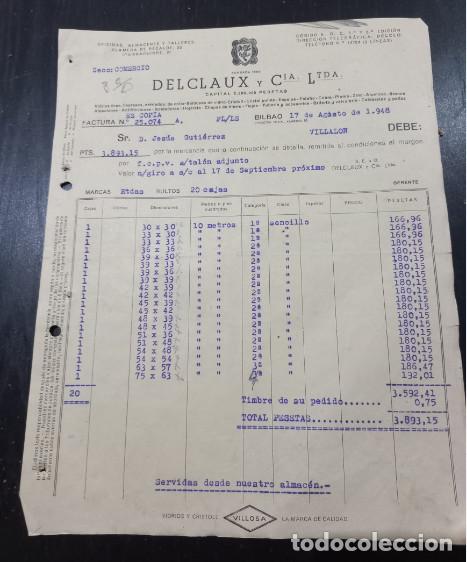 Facturas antiguas: FACTURA DEL A&Ntilde;O 1948, DELCLAUX Y CIA LTDA, VILLOSA VIDRIOS Y CRISTAL, BILBAO, 2&ordf;