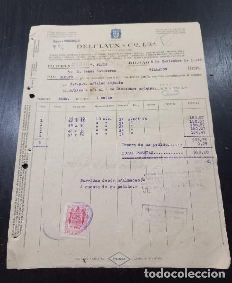 Facturas antiguas: FACTURA DEL A&Ntilde;O 1948, DELCLAUX Y CIA LTDA, VILLOSA VIDRIOS Y CRISTAL, BILBAO, 3&ordf;
