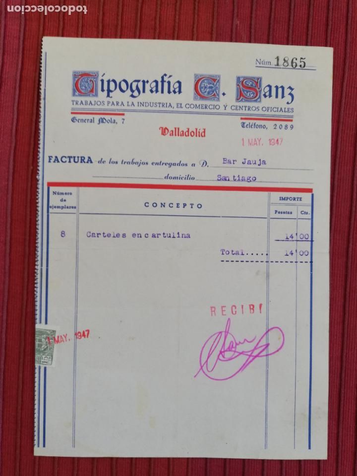 Factures anciennes: FACTURA. TRABAJOS PARA LA INDUSTRIA. TIPOGRAFIA C. SANZ. VALLADOLID, 1947.