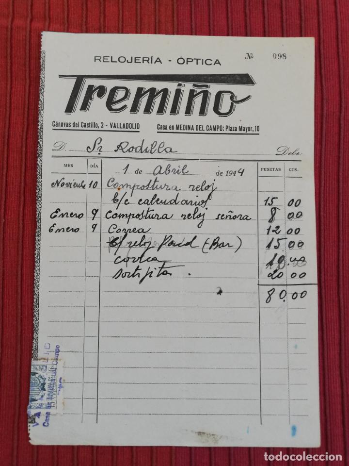 Factures anciennes: FACTURA. RELOJERIA-OPTICA. TREMI&Ntilde;O. VALLADOLID, 1944.