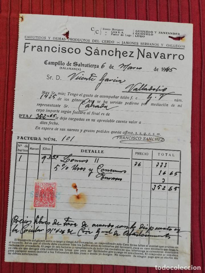Factures anciennes: FACTURA. EMBUTIDOS Y DEMAS PRODUCTOS DEL CERDO. FCO. SANCHEZ-NAVARRO. CAMPILLO DE SALVATIERRA, 1945.