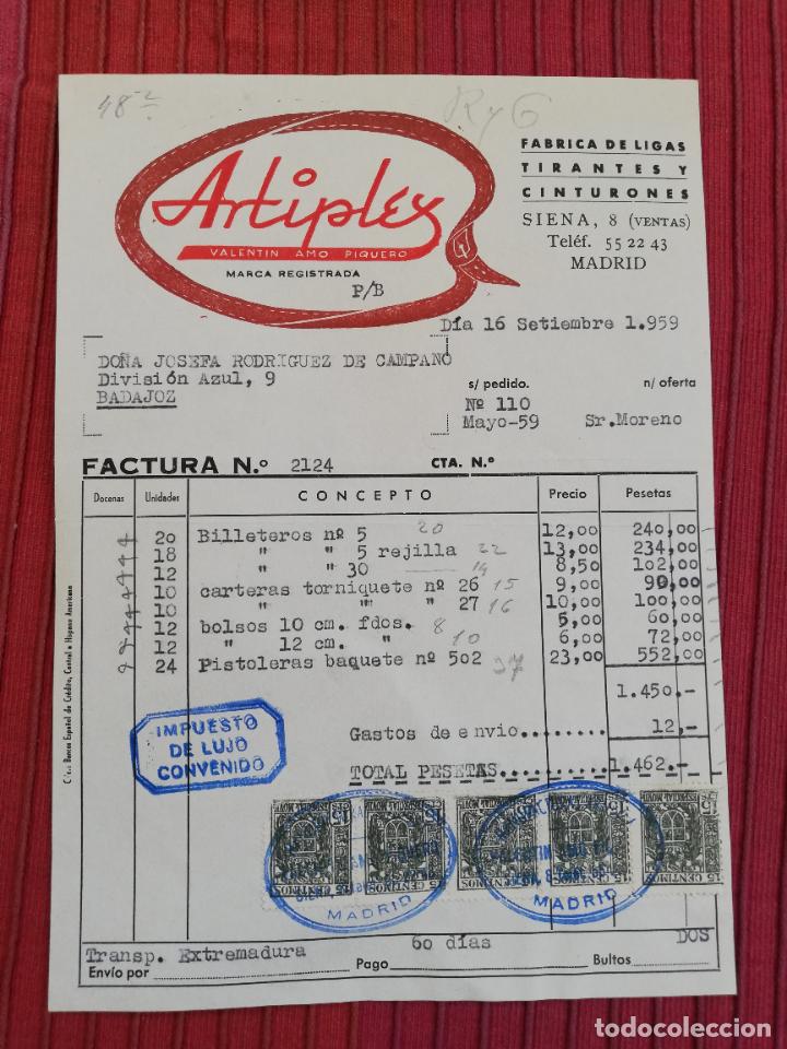 Factures anciennes: FACTURA. FABRICA DE LIGAS-TIRANTES-CINTURONES. ARTIPLEX. MADRID, 1959.