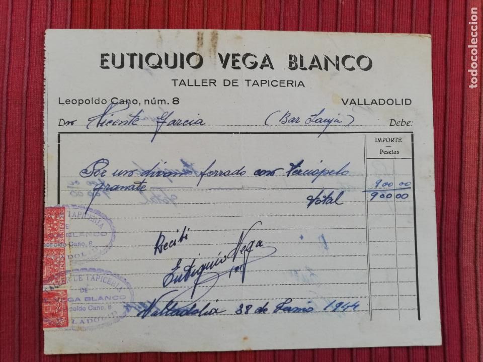 Factures anciennes: FACTURA. TALLER DE TAPICERIA. EUTIQUIO VEGA BLANCO. VALLADOLID, 1944.