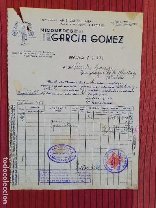 Factures anciennes: FACTURA. DESTILERIAS ANIS CASTELLANA. FABRICA DE VERMOUTH GARCIANI. NICOMEDES G&ordf;.GOMEZ. SEGOVIA,1945