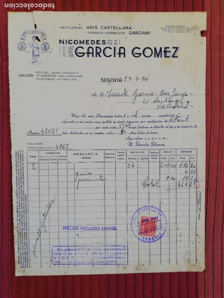Factures anciennes: FACTURA. DESTILERIAS ANIS CASTELLANA. FABRICA DE VERMOUTH GARCIANI. NICOMEDES G&ordf;.GOMEZ. SEGOVIA,1944