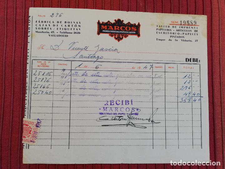 Factures anciennes: FACTURA. FABRICA DE BOLSAS-CAJAS DE CARTON. MARCOS, INDUSTRIAS DE PAPEL Y CARTON. VALLADOLID, 1947.