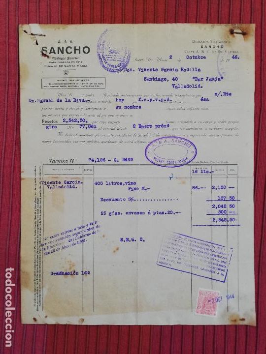 Factures anciennes: FACTURA. A & A. SANCHO. BODEGAS SANCHO. PUERTO DE SANTA MARIA, CADIZ, 1946.