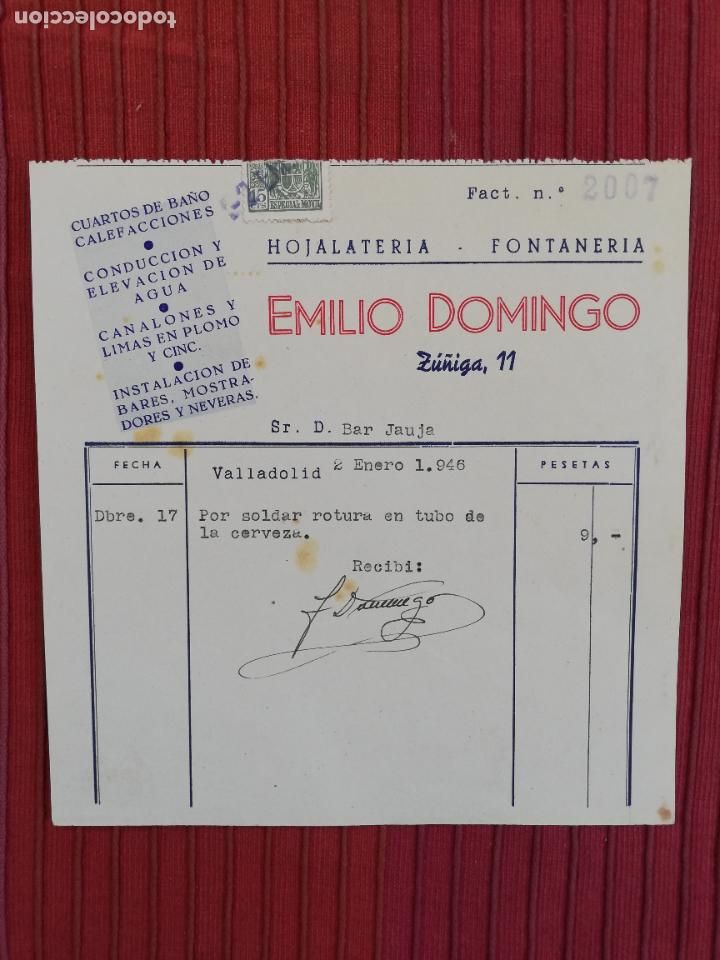 Facturas antiguas: FACTURA. HOJALATERIA-FONTANERIA. EMILIO DOMINGO. VALLADOLID, 1946.