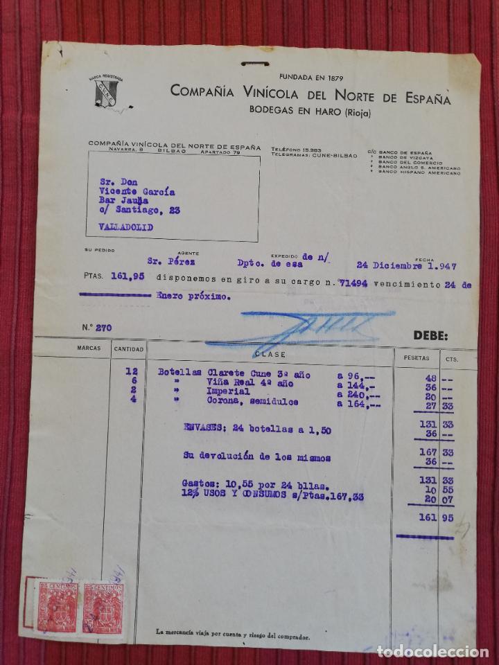 Facturas antiguas: FACTURA. COMPA&Ntilde;IA VINICOLA DEL NORTE DE ESPA&Ntilde;A. BODEGAS EN HARO, RIOJA, 1947.