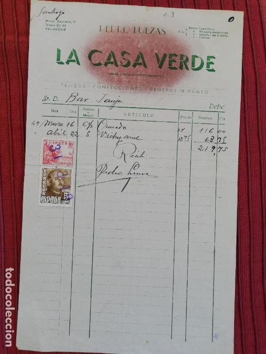 Facturas antiguas: FACTURA. TEJIDOS-CONFECCIONES. LA CASA VERDE. PEDRO LUEZAS. VALLADOLID, 1949.