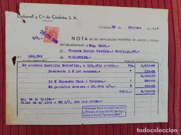 Facturas antiguas: FACTURA. FABRICA DE ACEITE DE OLIVA. CARBONELL Y CIA. DE CORDOBA, S.A. CORDOBA, 1949.