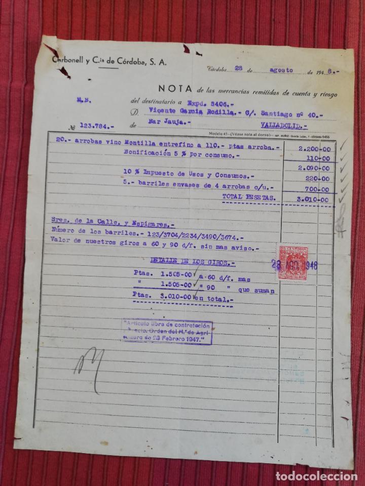 Facturas antiguas: FACTURA. FABRICA DE ACEITE DE OLIVA. CARBONELL Y CIA. DE CORDOBA, S.A. CORDOBA, 1948.