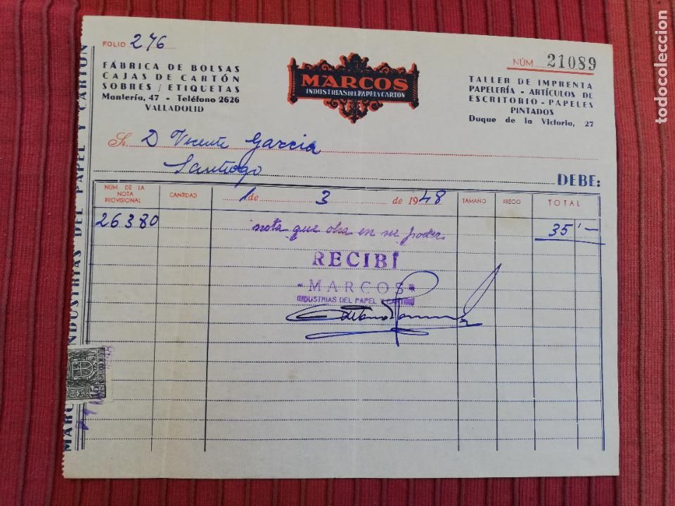 Facturas antiguas: FACTURA. FABRICA DE BOLSAS-CAJAS DE CARTON. MARCOS, INDUSTRIAS DE PAPEL Y CARTON. VALLADOLID, 1948.