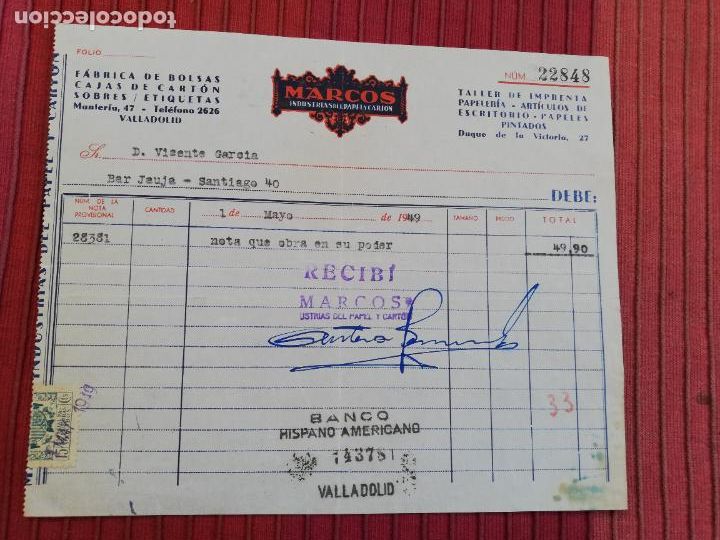 Facturas antiguas: FACTURA. FABRICA DE BOLSAS-CAJAS DE CARTON. MARCOS, INDUSTRIAS DE PAPEL Y CARTON. VALLADOLID, 1949.