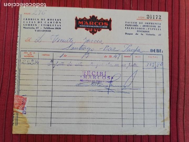 Facturas antiguas: FACTURA. FABRICA DE BOLSAS-CAJAS DE CARTON. MARCOS, INDUSTRIAS DE PAPEL Y CARTON. VALLADOLID, 1947.