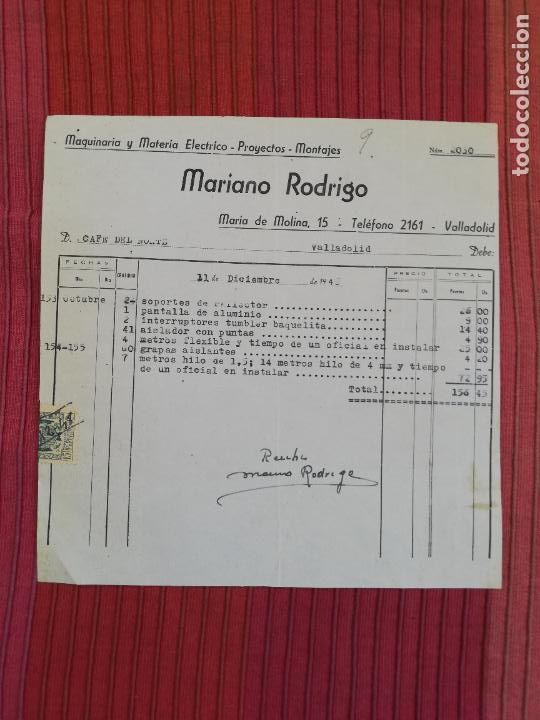 Facturas antiguas: FACTURA. MAQUINARIA Y MATERIA ELECTRICO-PROYECTOS-MONTAJES. MARIANO RODRIGO. VALLADOLID, 1948.