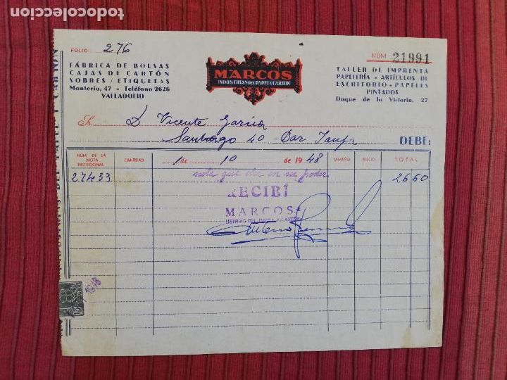 Facturas antiguas: FACTURA. FABRICA DE BOLSAS-CAJAS DE CARTON. MARCOS, INDUSTRIAS DE PAPEL Y CARTON. VALLADOLID, 1948.