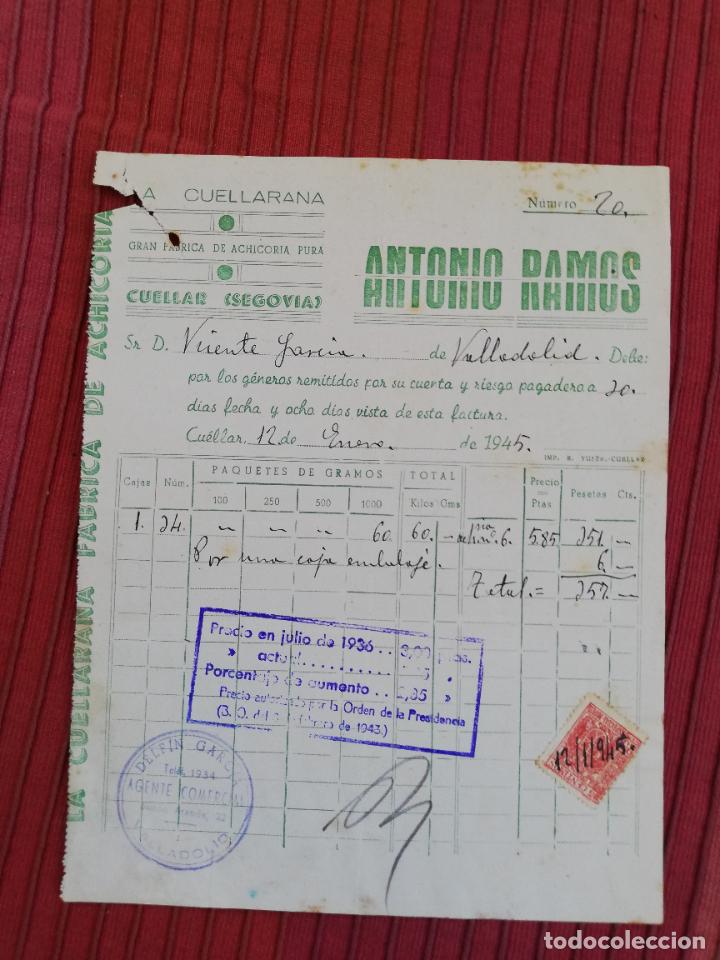 Old Invoices: FACTURA. FABRICA DE ACHICORIA PURA. LA CUELLARANA. ANTONIO RAMOS. CUELLAR, SEGOVIA, 1945.
