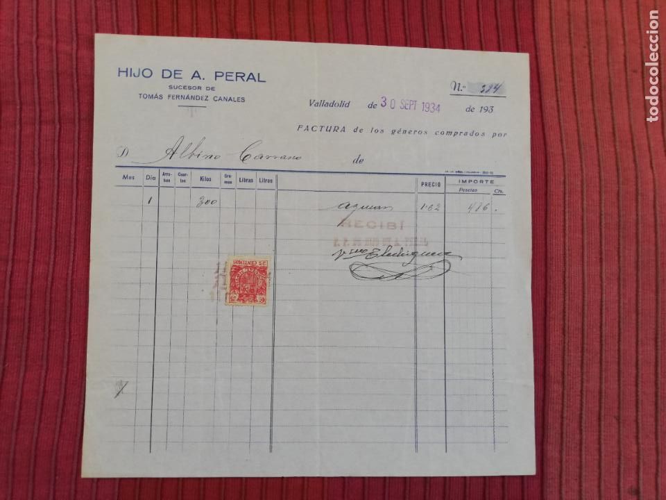 Facturas antiguas: FACTURA. HIJO DE A. PERAL. VALLADOLID, 1934.
