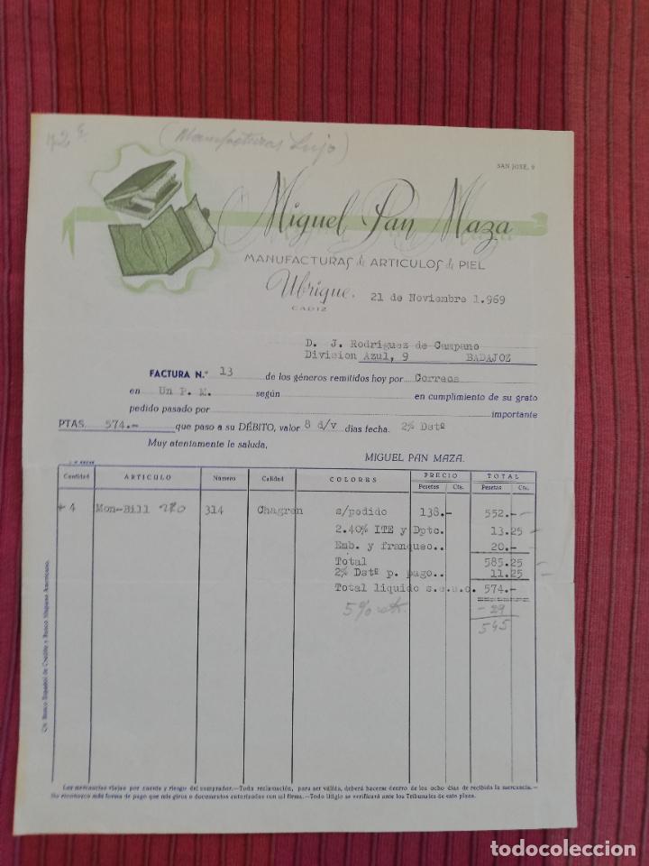 Facturas antiguas: FACTURA. MANUFACTURAS DE ARTICULOS DE PIEL. MIGUEL PAN MAZA. UBRIQUE, CADIZ, 1969.