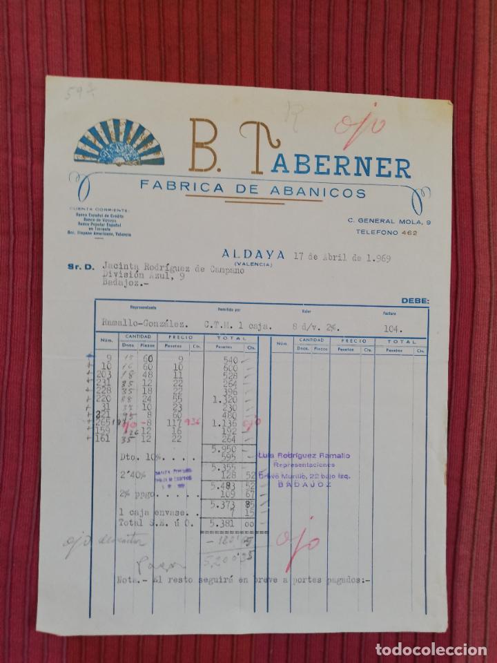 Facturas antiguas: FACTURA. FABRICA DE ABANICOS. B. TABERNER. ALDAYA, VALENCIA, 1969.