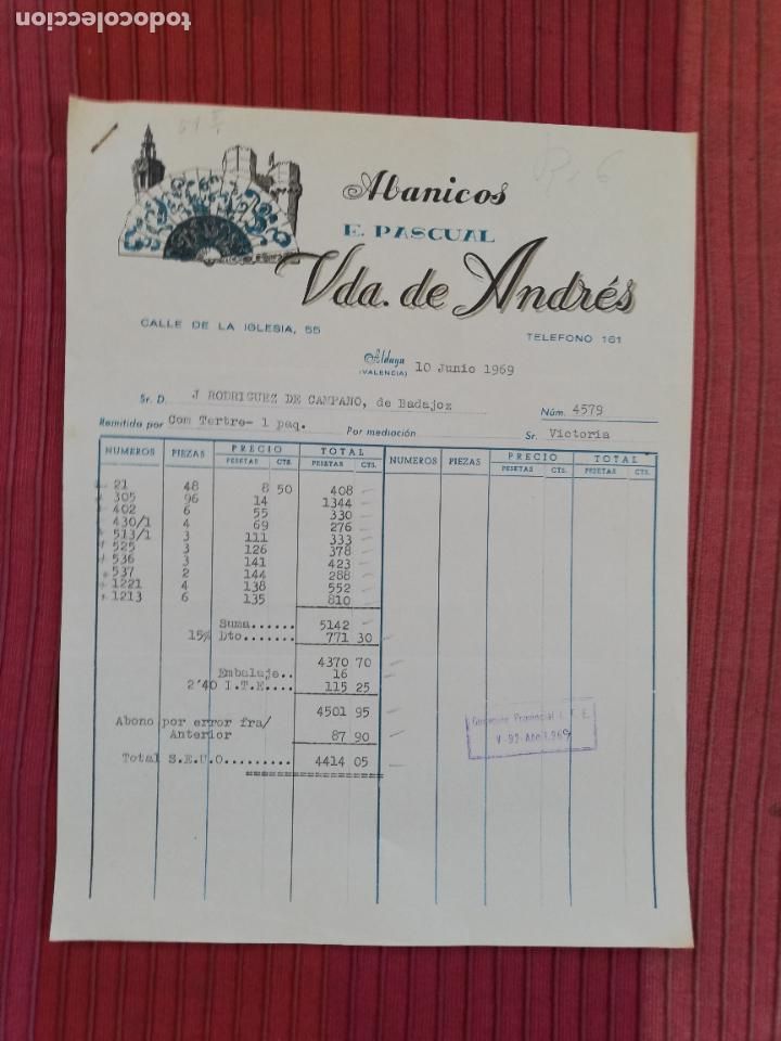 Facturas antiguas: FACTURA. ABANICOS, E. PASCUAL. VDA. DE ANDRES. ALDAYA, VALENCIA, 1969.