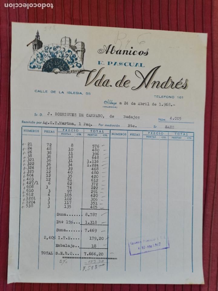 Facturas antiguas: FACTURA. ABANICOS, E. PASCUAL. VDA. DE ANDRES. ALDAYA, VALENCIA, 1968.