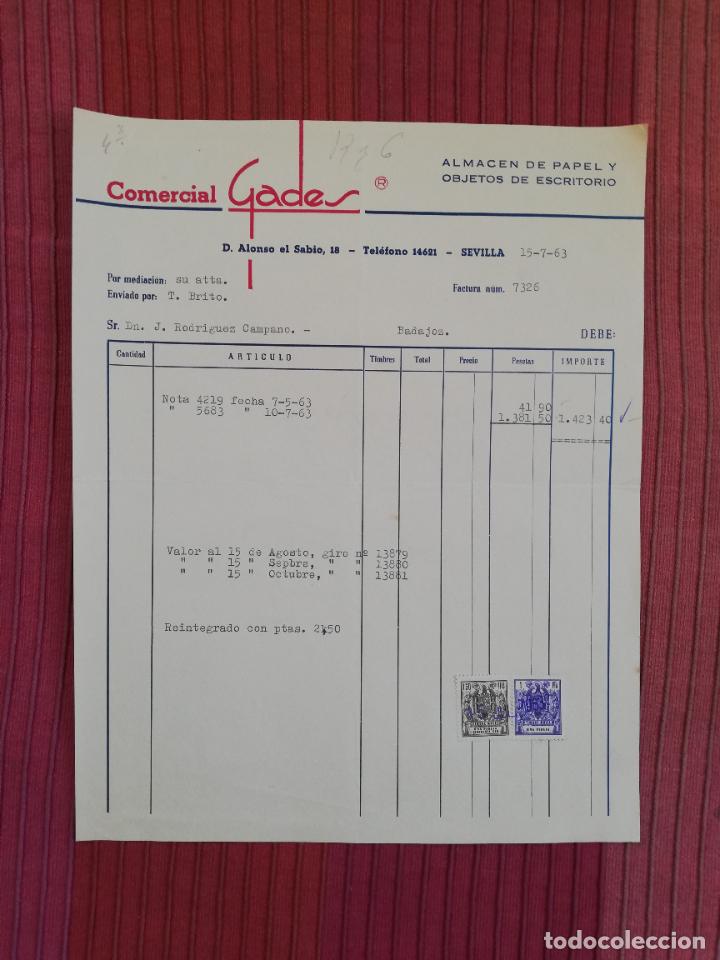 Facturas antiguas: FACTURA. ALMACEN DE PAPEL Y OBJETOS DE ESCRITORIO. COMERCIAL GADES. SEVILLA. 1963.