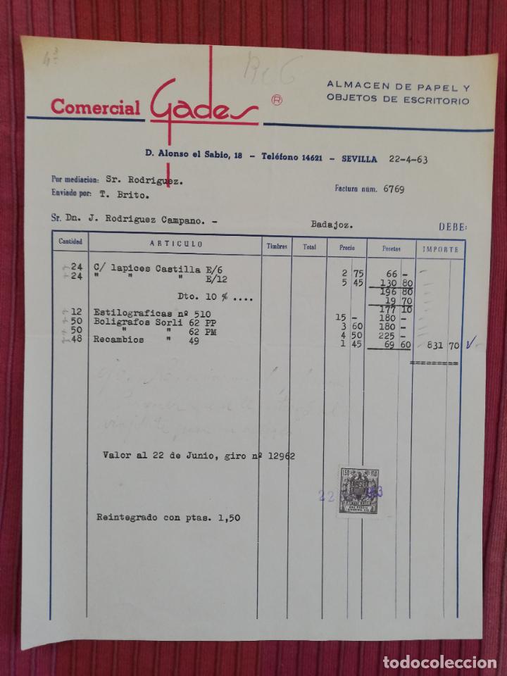 Facturas antiguas: FACTURA. ALMACEN DE PAPEL Y OBJETOS DE ESCRITORIO. COMERCIAL GADES. SEVILLA. 1963.