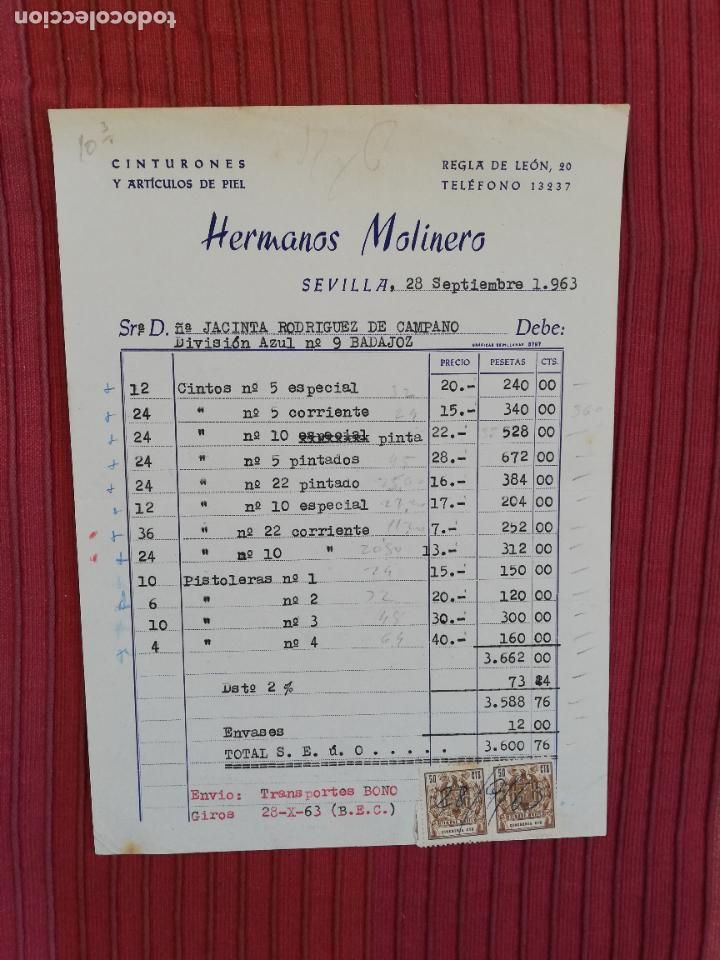 Facturas antiguas: FACTURA. CINTURONES Y ARTICULOS DE PIEL. HERMANOS MOLINERO. SEVILLA, 1963.