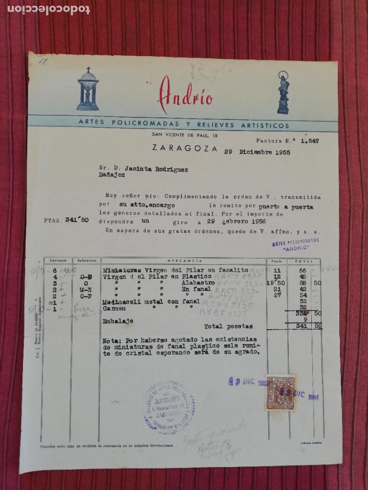 Facturas antiguas: FACTURA. ARTES POLICROMADAS Y RELIEVES ARTISTICOS. ANDRIO. ZARAGOZA. 1955.