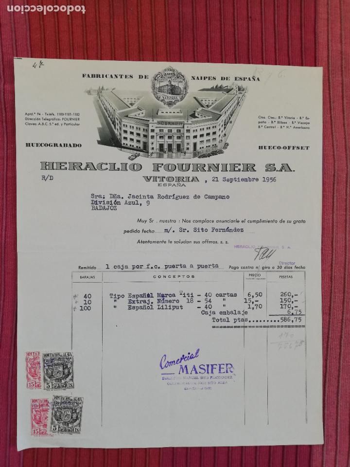 Facturas antiguas: FACTURA. FABRICANTES DE NAIPES DE ESPA&Ntilde;A. HERACLIO FOURNIER, S. A. VITORIA. 1956.