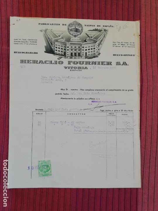 Facturas antiguas: FACTURA. FABRICANTES DE NAIPES DE ESPA&Ntilde;A. HERACLIO FOURNIER, S. A. VITORIA. 1956.