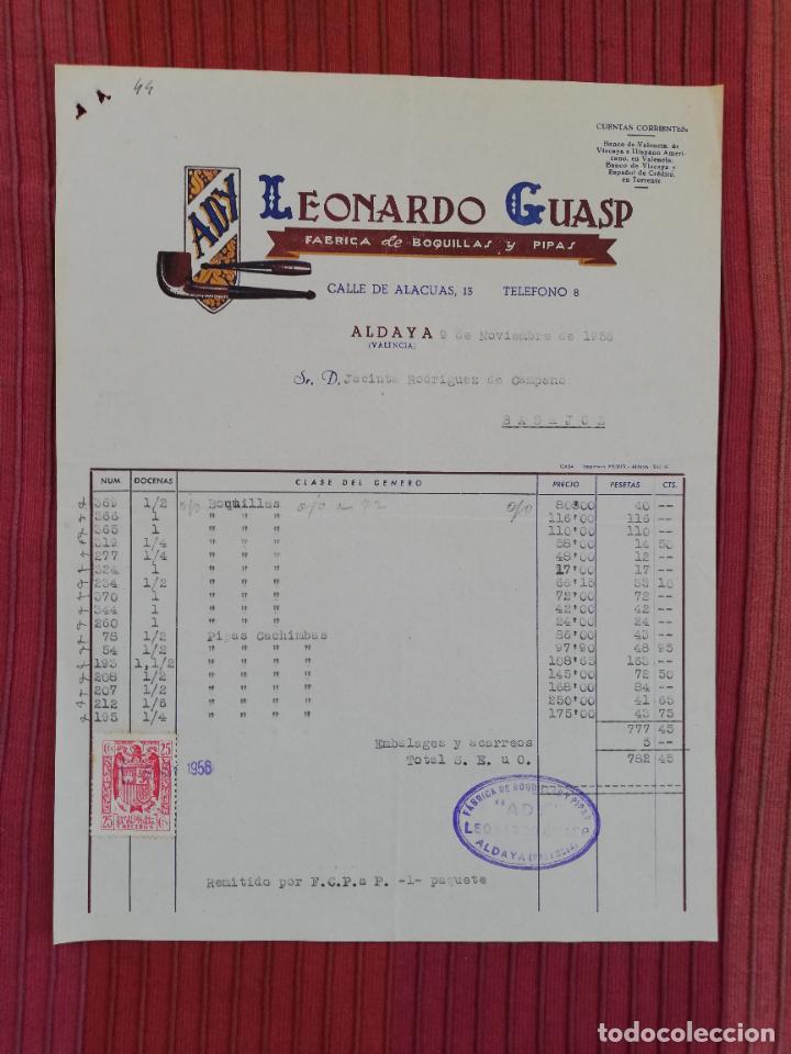 Facturas antiguas: FACTURA. FABRICA DE BOQUILLAS Y PIPAS. ADY. LEONARDO GUASP. ALDAYA, VALENCIA. 1956.