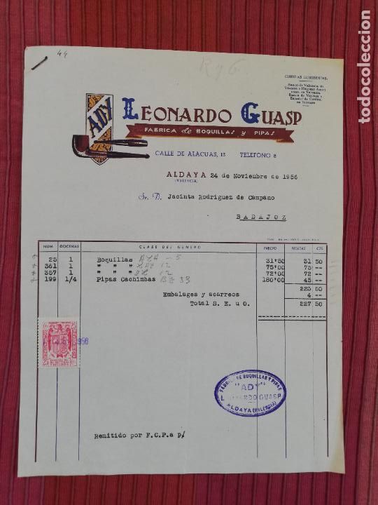 Facturas antiguas: FACTURA. FABRICA DE BOQUILLAS Y PIPAS. ADY. LEONARDO GUASP. ALDAYA, VALENCIA. 1956.