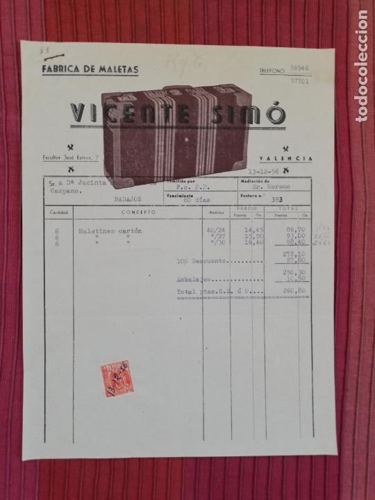 Facturas antiguas: FACTURA. FABRICA DE MALETAS. VICENTE SIMO. VALENCIA, 1956.