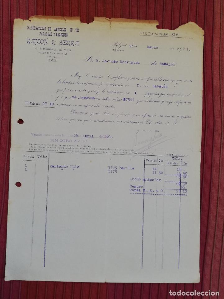Facturas antiguas: FACTURA. MANUFACTURAS DE ARTICULOS DE PIEL-PARAGUAS-BASTONES. RAMON & SERRA. MALGRAL, BARCELONA,1921