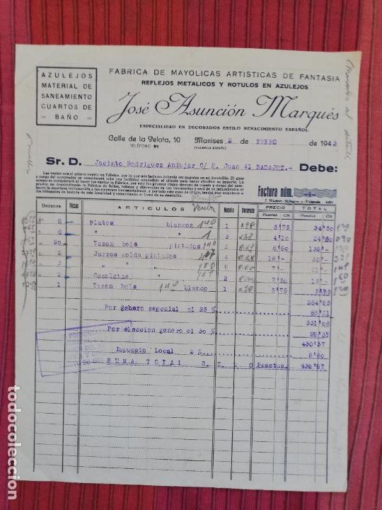 Facturas antiguas: FACTURA. FABRICA DE MAYOLICAS. JOSE ASUNCION MARQUES. MANISES, VALENCIA, 1943.