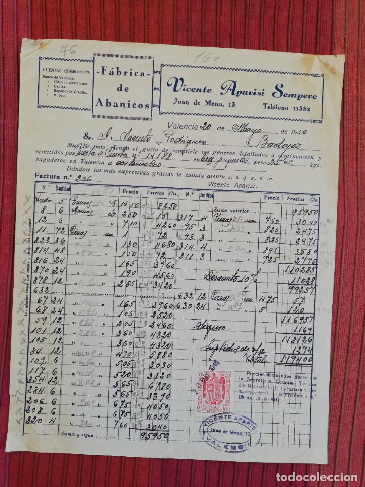 Facturas antiguas: FACTURA. FABRICA DE ABANICOS. VICENTE APARISI SEMPERE. VALENCIA, 1946.
