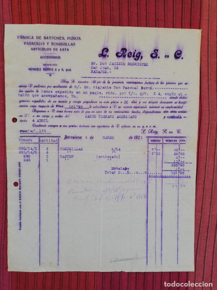 Facturas antiguas: FACTURA. FABRICA DE BASTONES-PU&Ntilde;OS-PARAGUAS-ARTICULOS DE ASTA. L. REIG. BARCELONA, 1921.