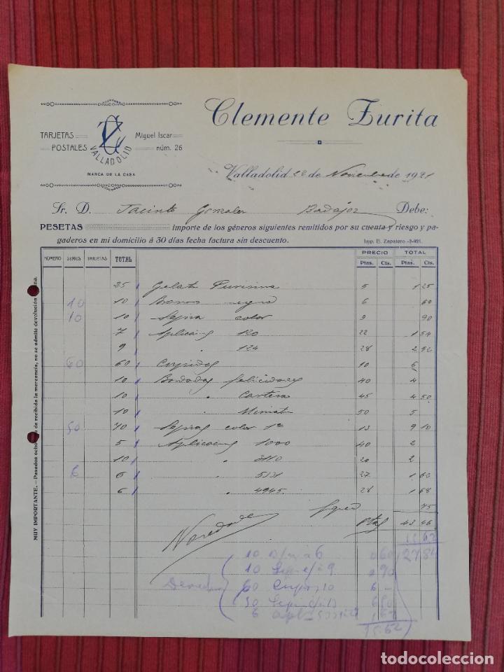 Facturas antiguas: FACTURA. TARJETAS POSTALES. CLEMENTE ZURITA. VALLADOLID, 1921.