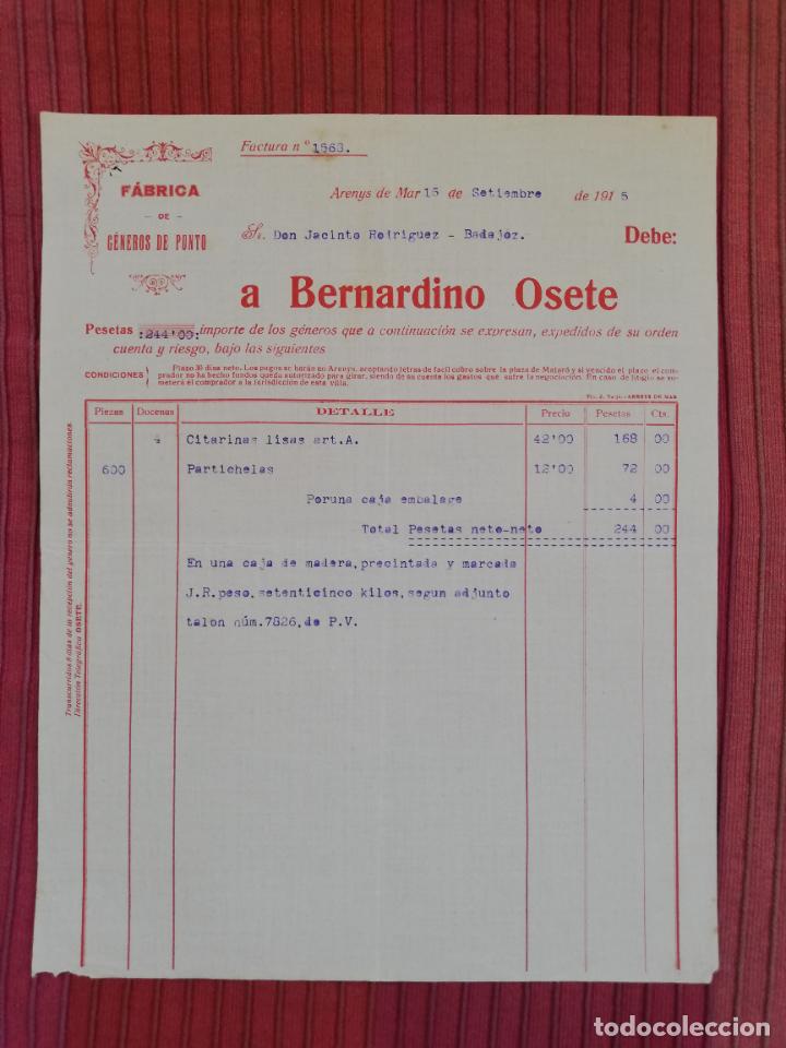 Facturas antiguas: FACTURA. FABRICA DE GENEROS DE PUNTO. BERNARDINO OSETE. ARENYS DE MAR, BARCELONA, 1915.