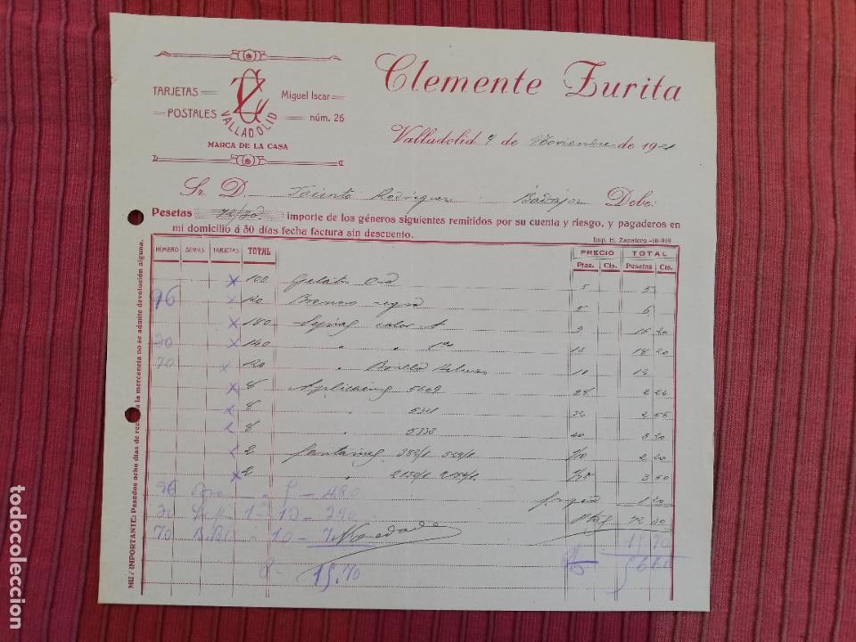 Facturas antiguas: FACTURA. TARJETAS POSTALES. CLEMENTE ZURITA. VALLADOLID, 1921.