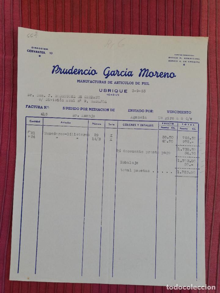 Facturas antiguas: FACTURA. MANUFACTURAS DE ARTICULOS DE PIEL. PRUDENCIO GARCIA MORENO. UBRIQUE, CADIZ. 1963.
