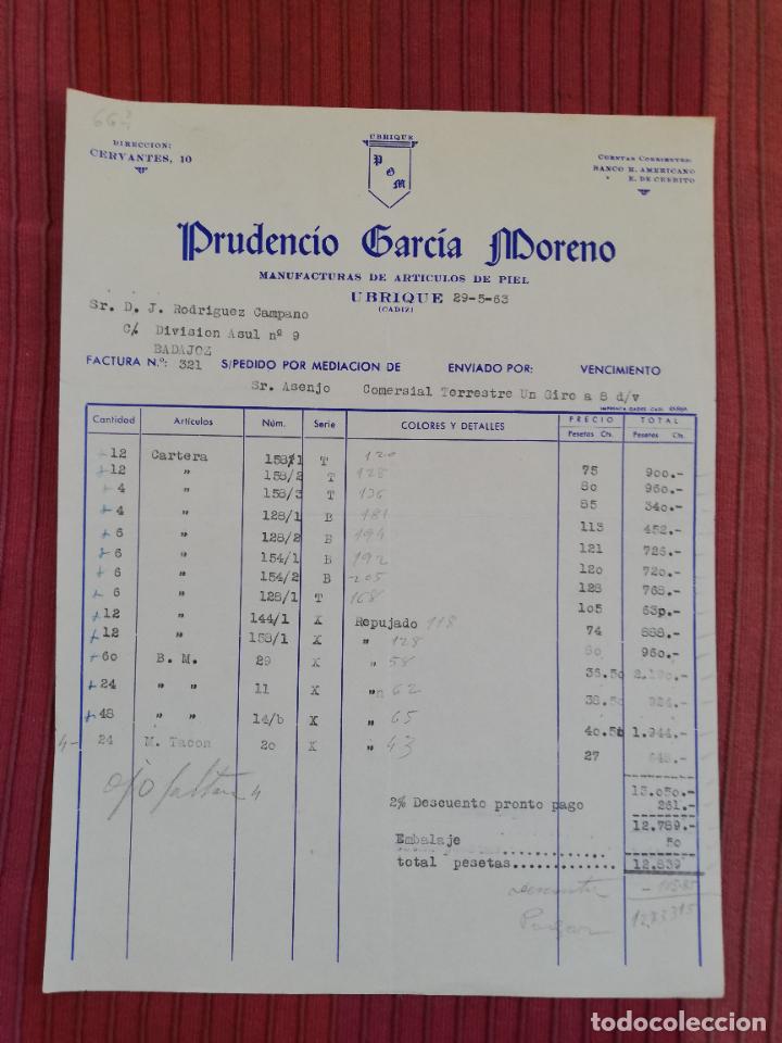 Facturas antiguas: FACTURA. MANUFACTURAS DE ARTICULOS DE PIEL. PRUDENCIO GARCIA MORENO. UBRIQUE, CADIZ. 1963.