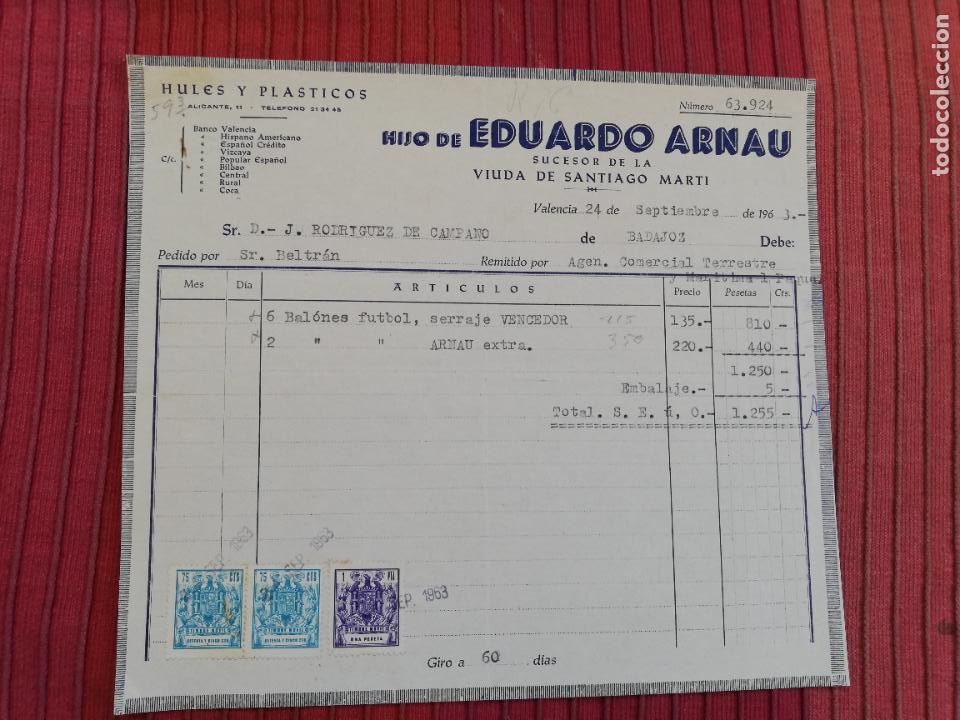 Facturas antiguas: FACTURA. HULES Y PLASTICOS. HIJO DE EDUARDO ARNAU. VALENCIA, 1963.