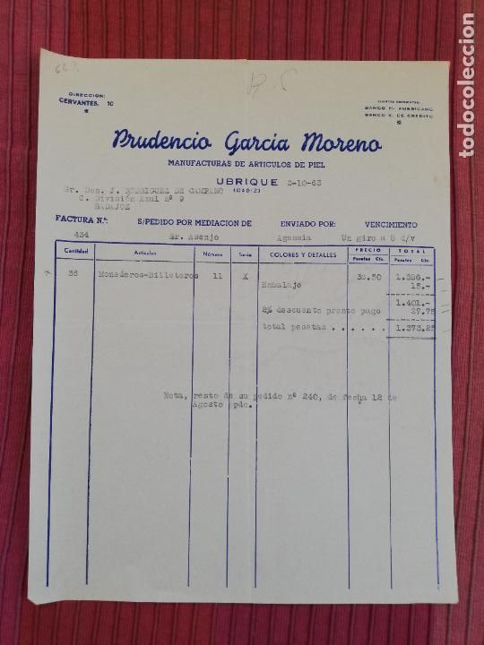 Facturas antiguas: FACTURA. MANUFACTURAS DE ARTICULOS DE PIEL. PRUDENCIO GARCIA MORENO. UBRIQUE, CADIZ. 1963.